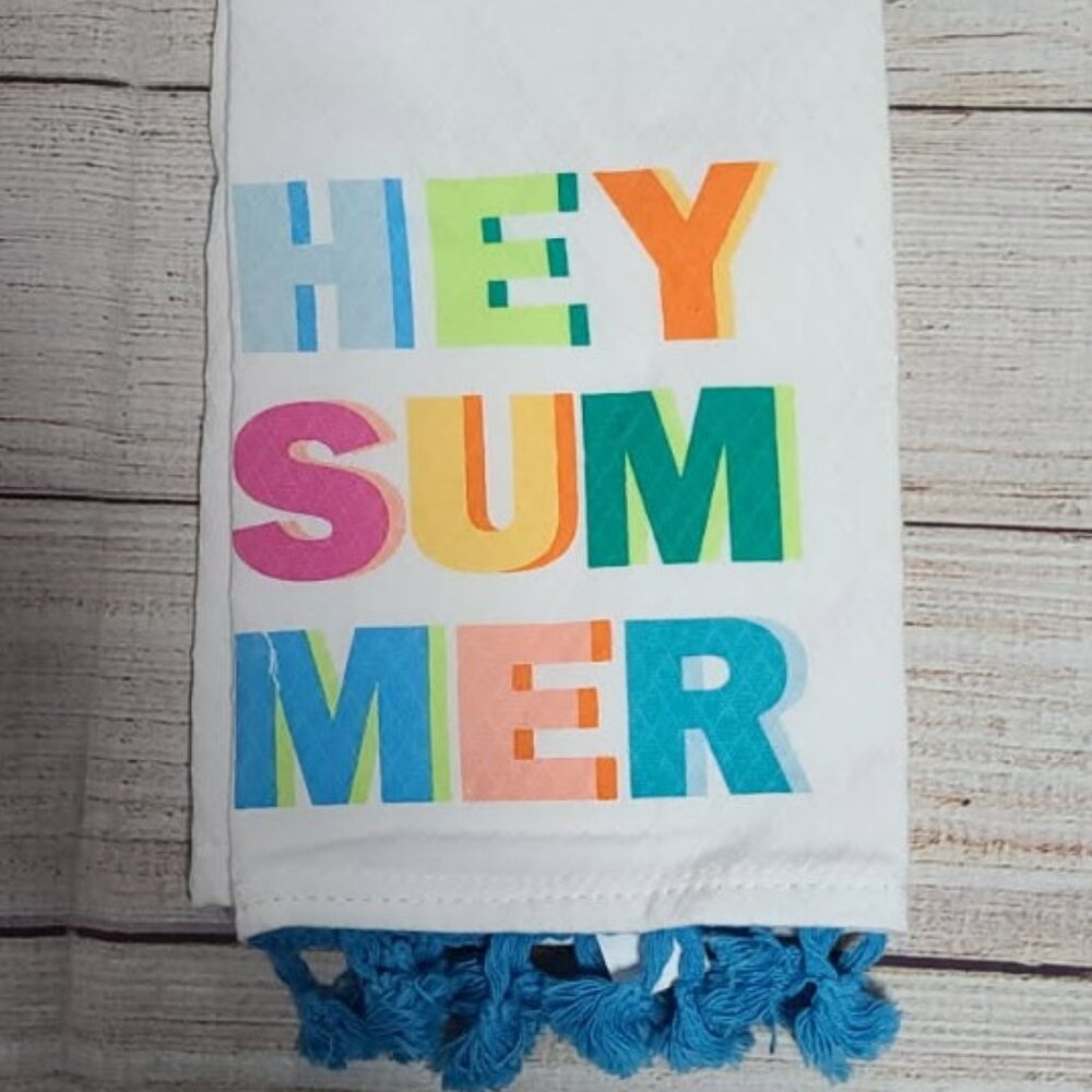 Always First Industrial Hey Summer Tea Towel - White - 100% Cotton - NEW No Tag